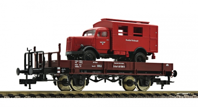Flat car loaded with opel blitz of the Deutsche Reichspost<br /><a href='images/pictures/Fleischmann/Fleischmann-525302.jpg' target='_blank'>Full size image</a>
